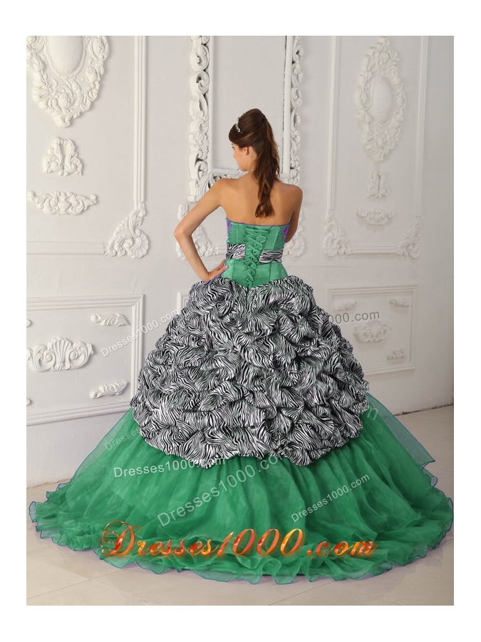 Strapless Chapel Train Zebra Turquoise Quinceanera Gowns with Pick-ups