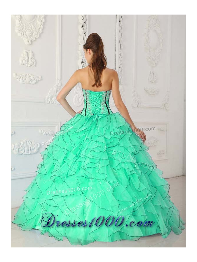 Strapless Organza Turquoise Quinceanera Gowns with Appliques and Ruffles