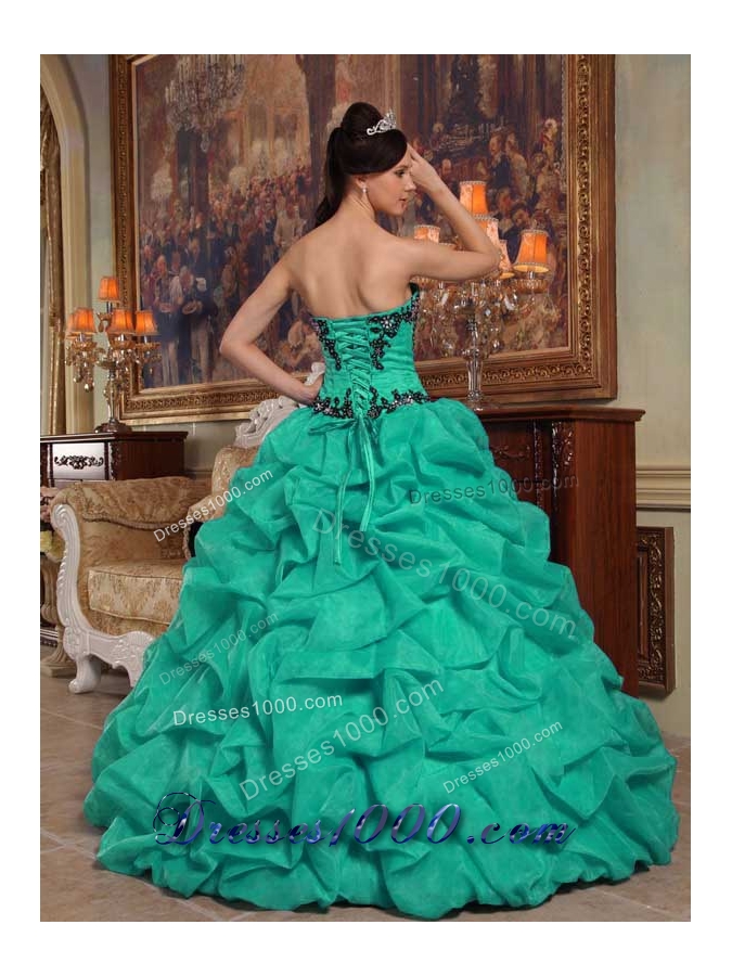 Strapless Turquoise Quinceanera Dress with Black Appliques and Pick-ups