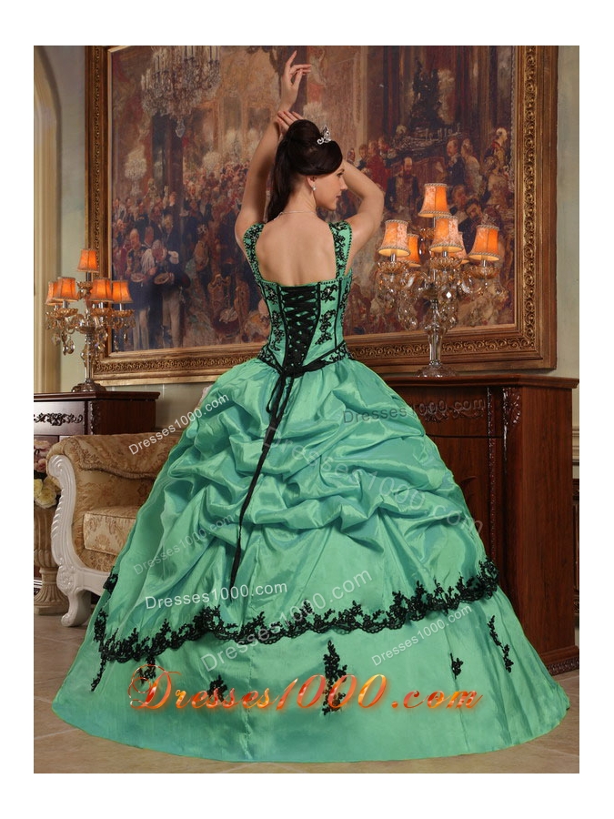 Straps Turquoise Quinceanera Gowns Dresses with Black Appliques
