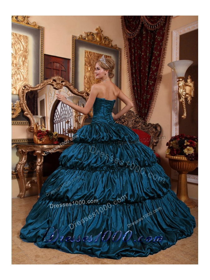 Sweetheart Chapel Train Taffeta Quincenera Dresses with Appliques and Pick-ups