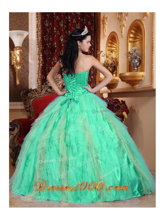 Sweetheart Turquoise Quinceanera Gowns with Beading and Ruffles
