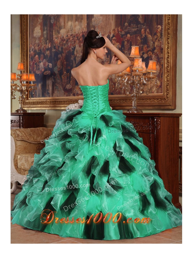 Turquoise and Black Strapless Organza Quinceanera Dresses with Ruffles