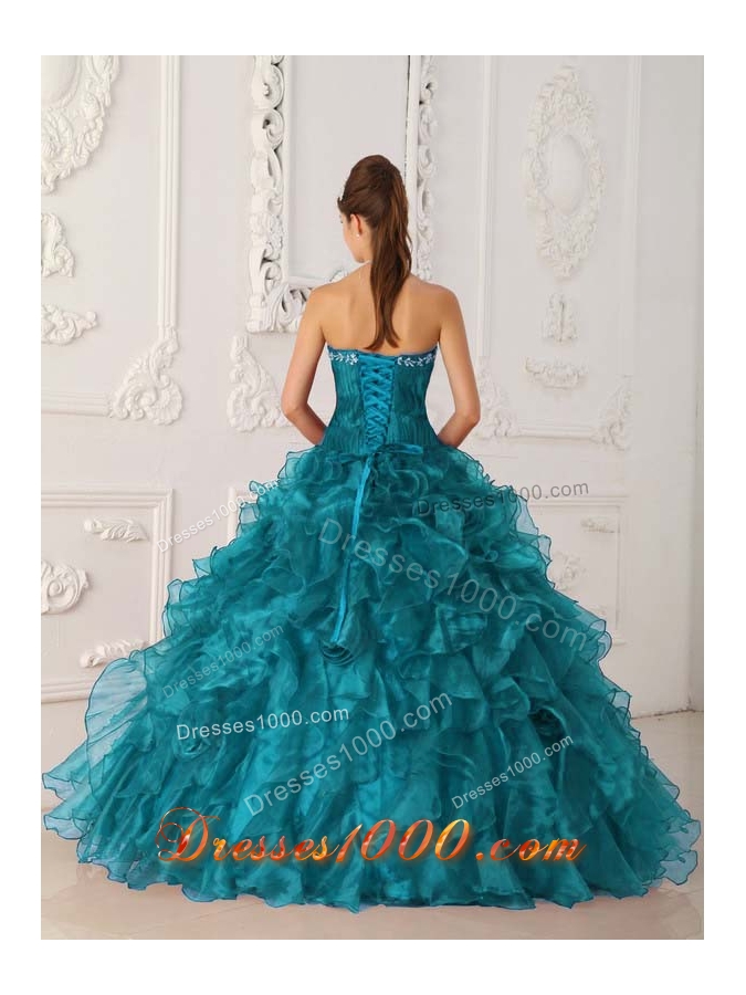 Turquoise Ball Gown Strapless Beading Long Quinceanera Dresses with Embroidery