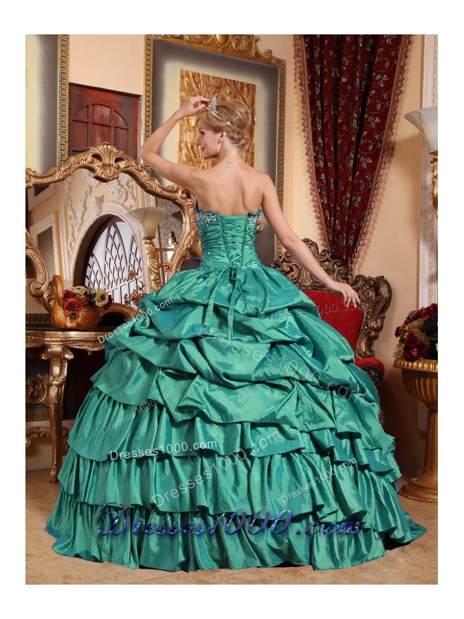 Turquoise Quincianera Dresses with Appliques and Pick-ups Strapless