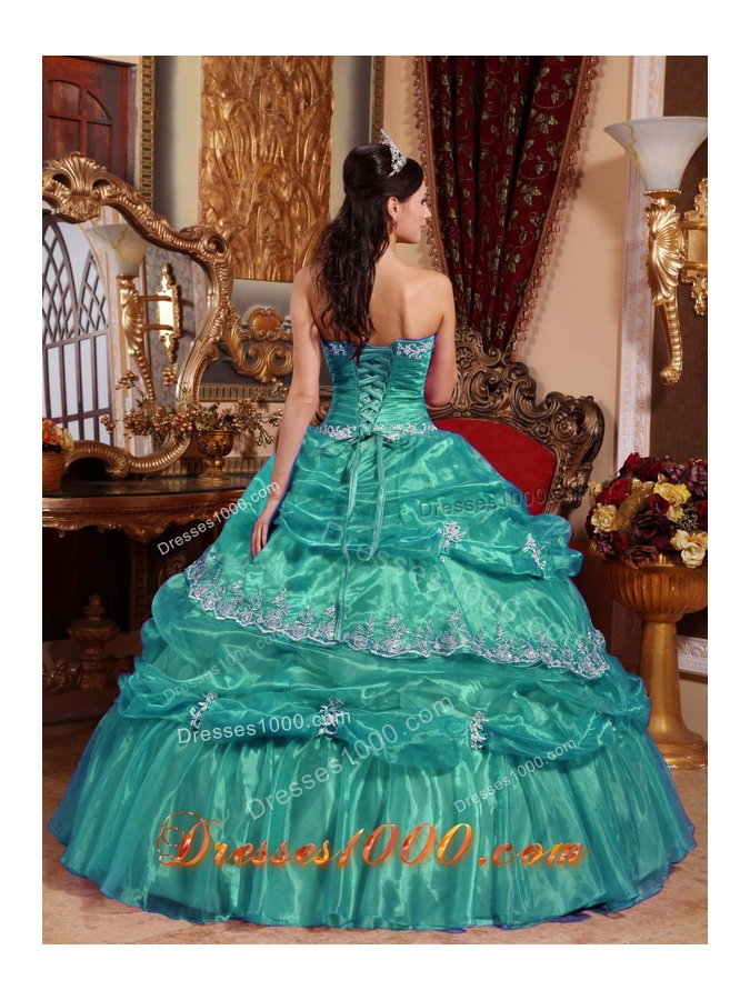 Turquoise Strapless Organza Quinceanera Dresses with Appliques and Pick-ups