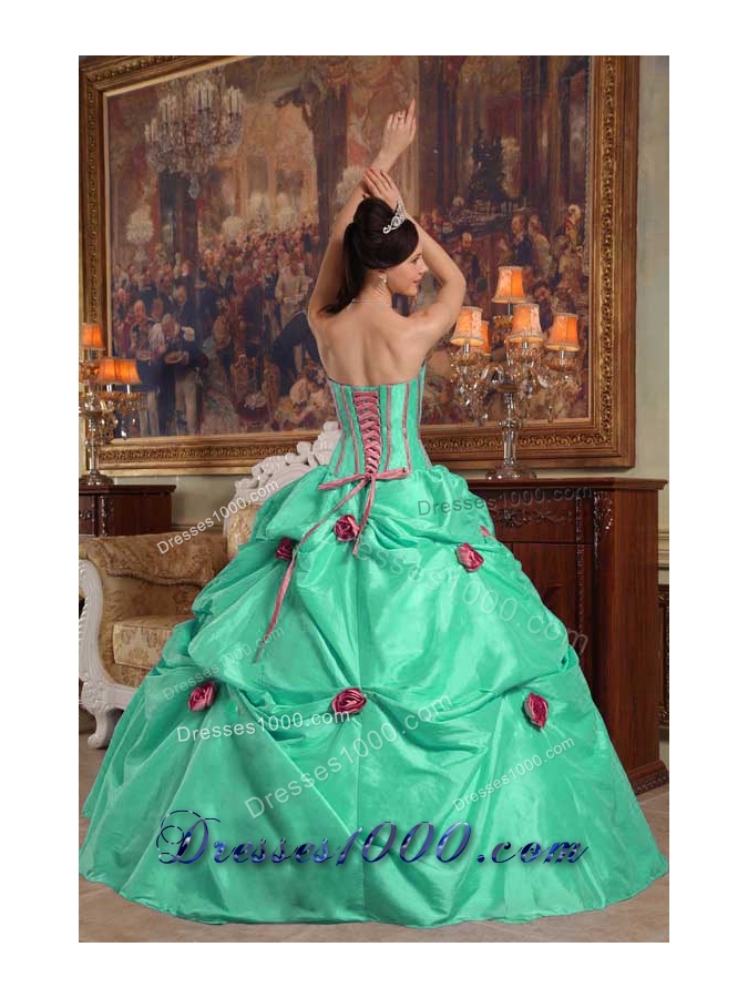 Turquoise Strapless Quinceanera Dresses with Taffeta Beading and Flowers