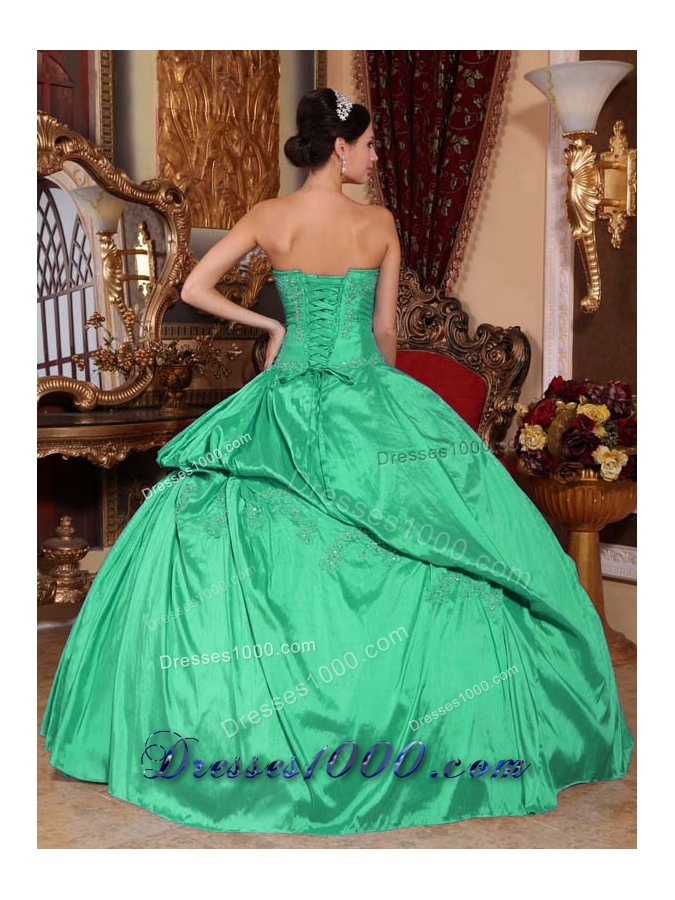 Turquoise Strapless Taffeta Sweet 15 Dresses with Appliques