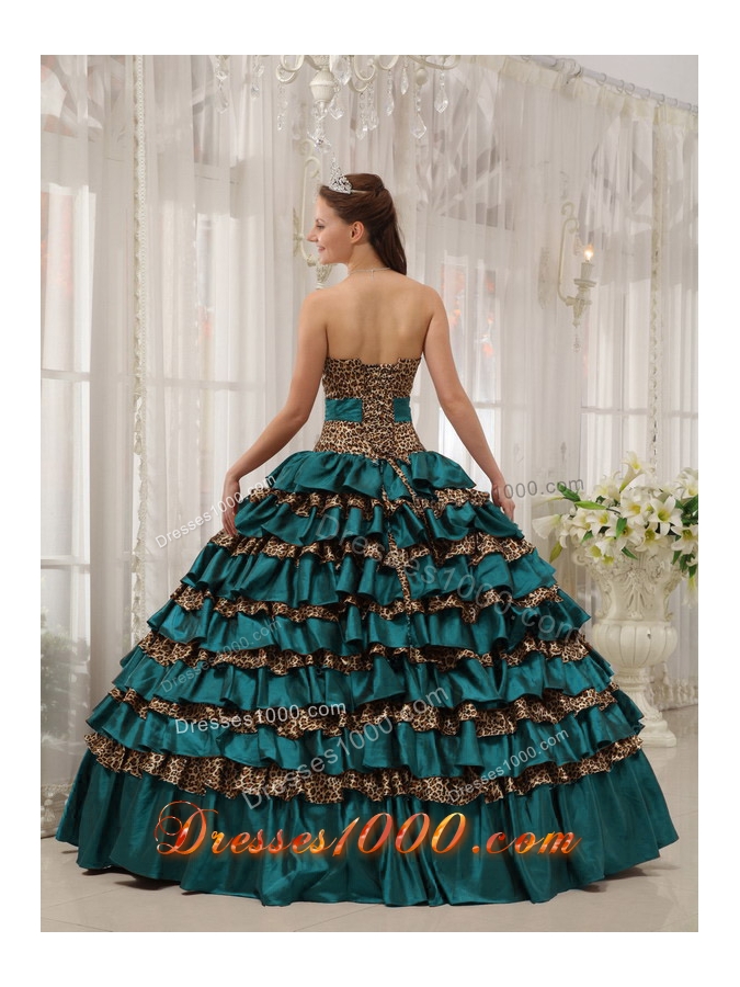 Turquoise Sweetheart Leopard Quinceanera Gowns Dress with Layers