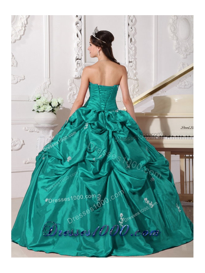 Turquoise Sweetheart Quinceanera Dresses with Appliques and Pick-ups