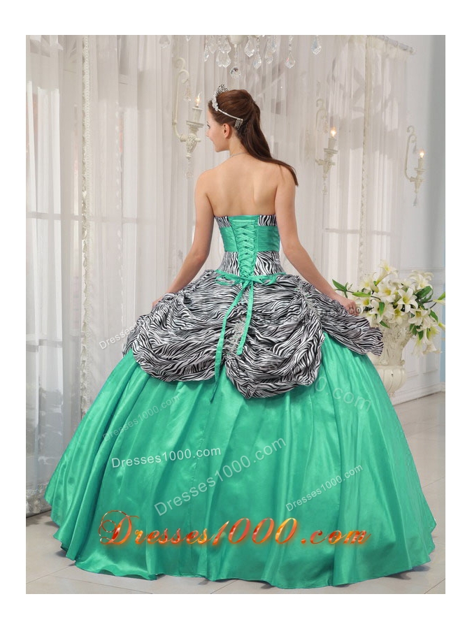 Turquoise Sweetheart Zebra Quinceanera Dresses with Ruffles and Pick-ups