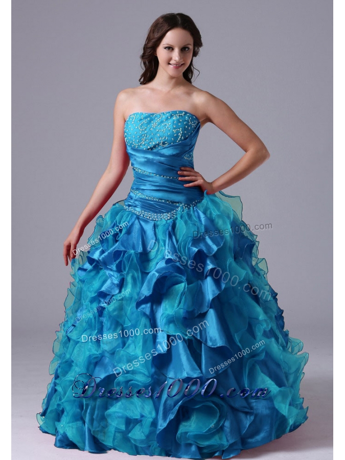 Ball Gown Aqua Blue Ruffles Beaded Decorate Bust Quinceanera Dress With Ruch In Maine