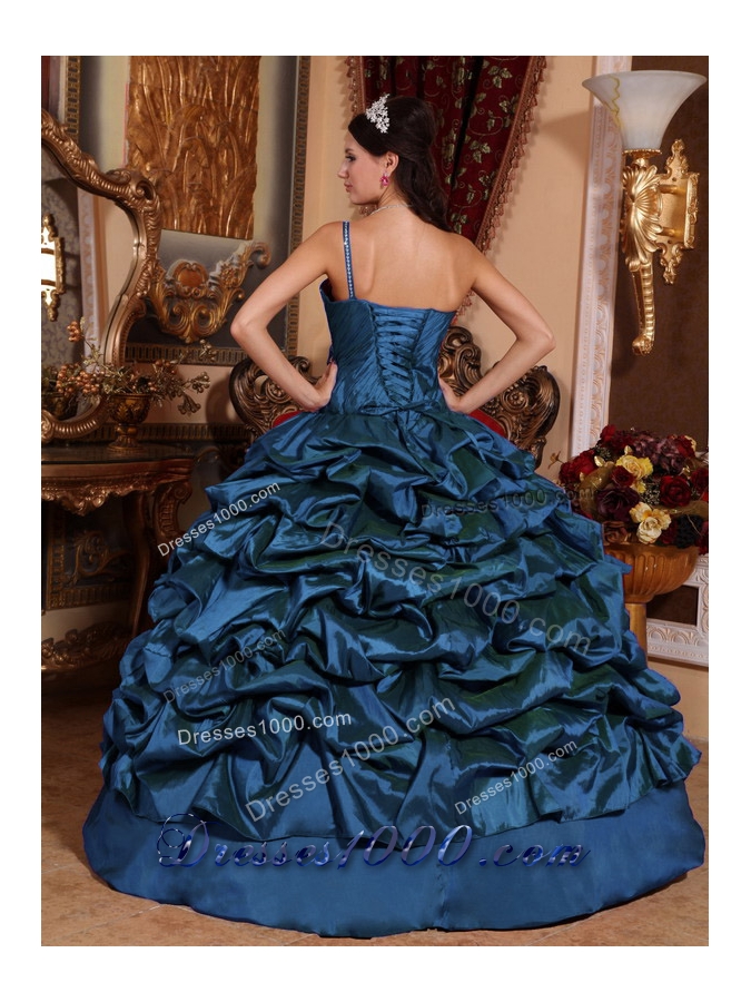 Blue Ball Gown One Shoulder Floor-length Taffeta Pick-ups Quinceanera Dress