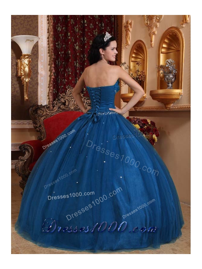 Blue Ball Gown Sweetheart Floor-length Tulle Beading Quinceanera Dress
