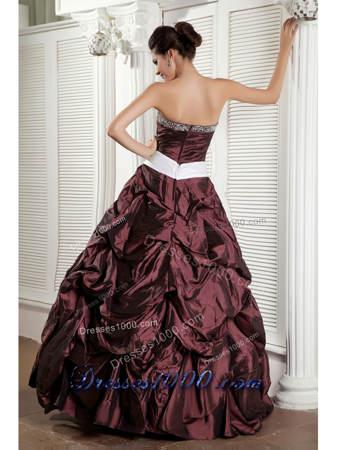 Burgundy Ball Gown Sweetheart Quinceanea Dress with White Sash and Pick-ups