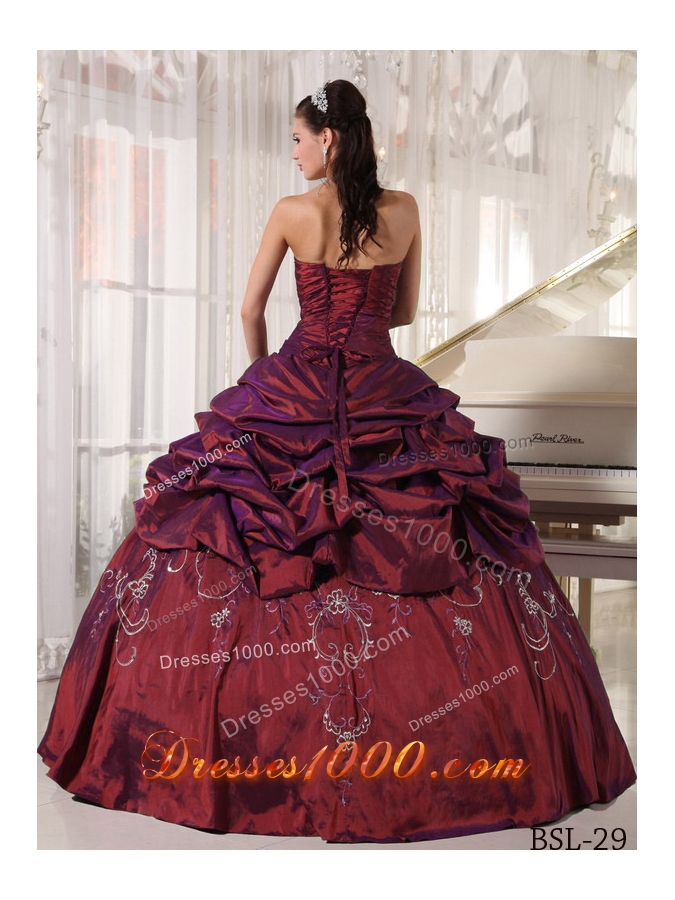 Burgundy Quinceanera Dresses with Taffeta Embroidery and Pick-ups