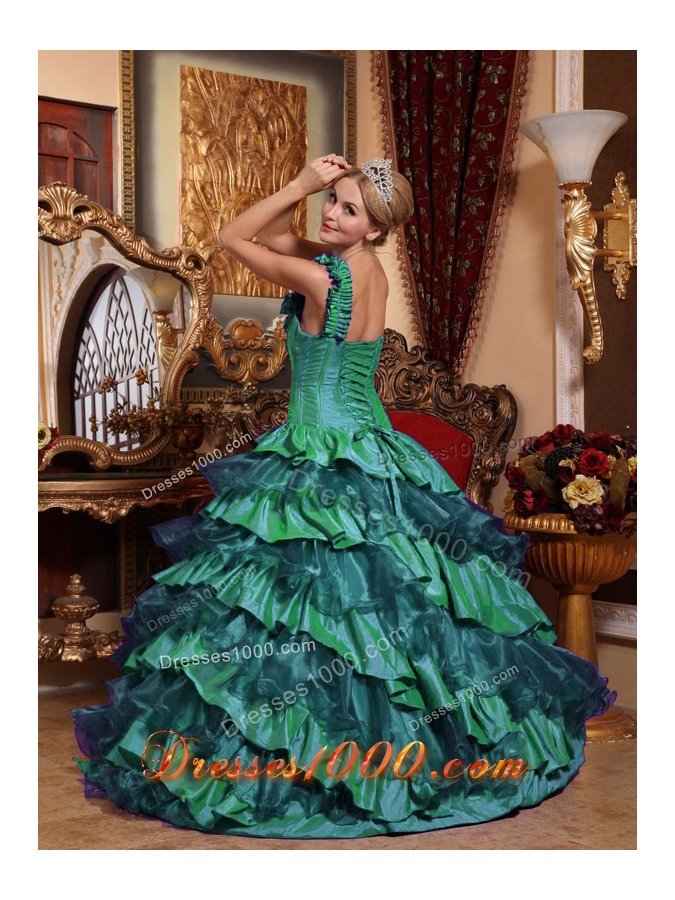 One Shoulder Quinceneara Dresses with Hand Made Flowers and Layers