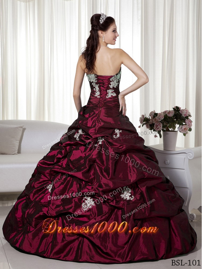 Princess Strapless Taffeta Burgundy Quinceanera Dress with Appliques