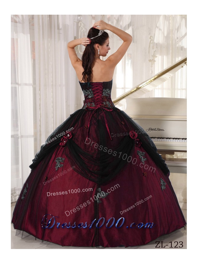 Puffy Strapless Burgundy Quinceanera Dress with Beading and Flowers