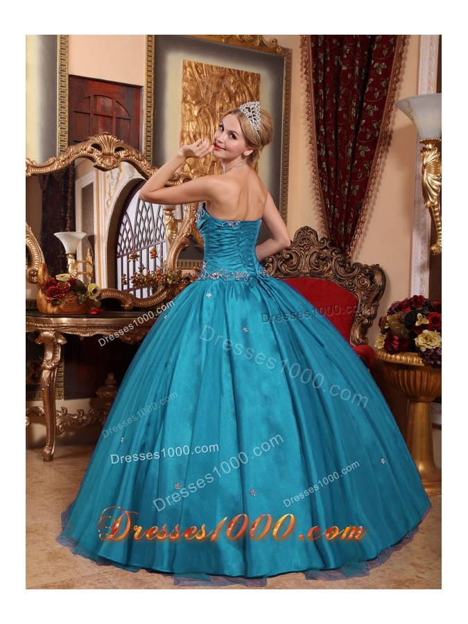 Puffy Strapless Taffeta and Tulle Appliques 2014 Quinceanera Dresses in Teal