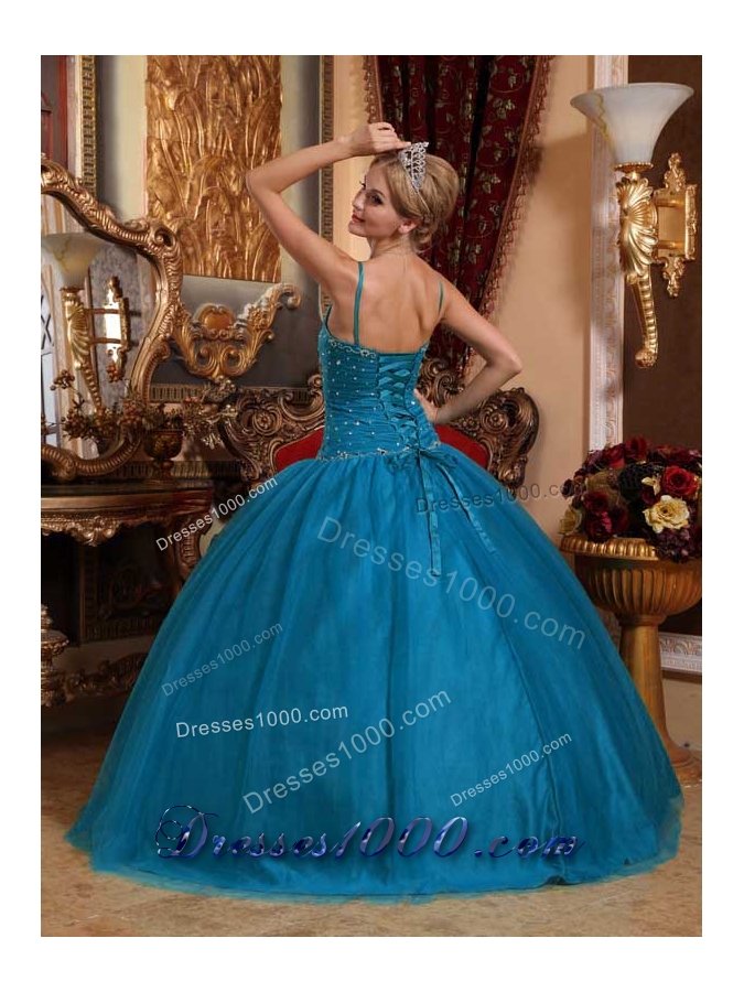 Spaghetti Straps Floor-length Tulle Beading Puffy Quinceanera Dresses