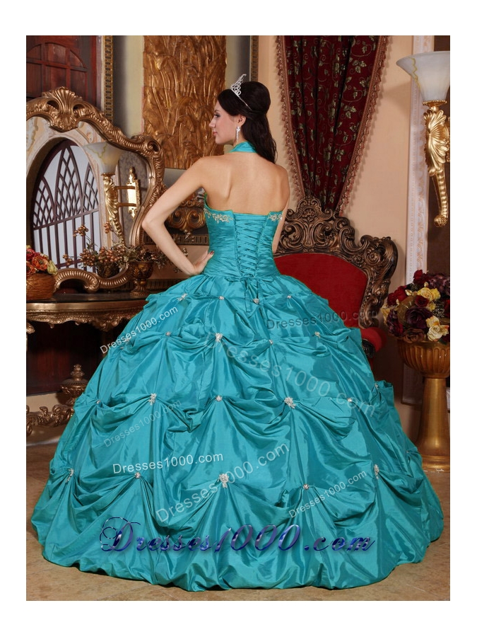 Teal Ball Gown Halter Top Floor-length Taffeta Appliques Quinceanera Dress