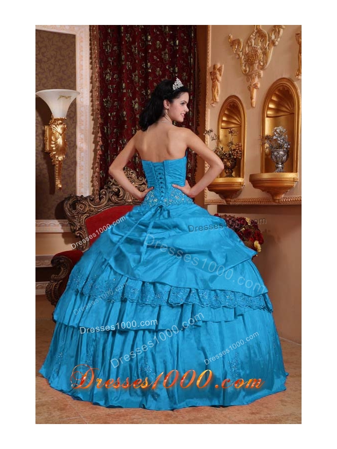 Teal Ball Gown Sweetheart Floor-length Taffeta Beading and Appliques Quinceanera Dress