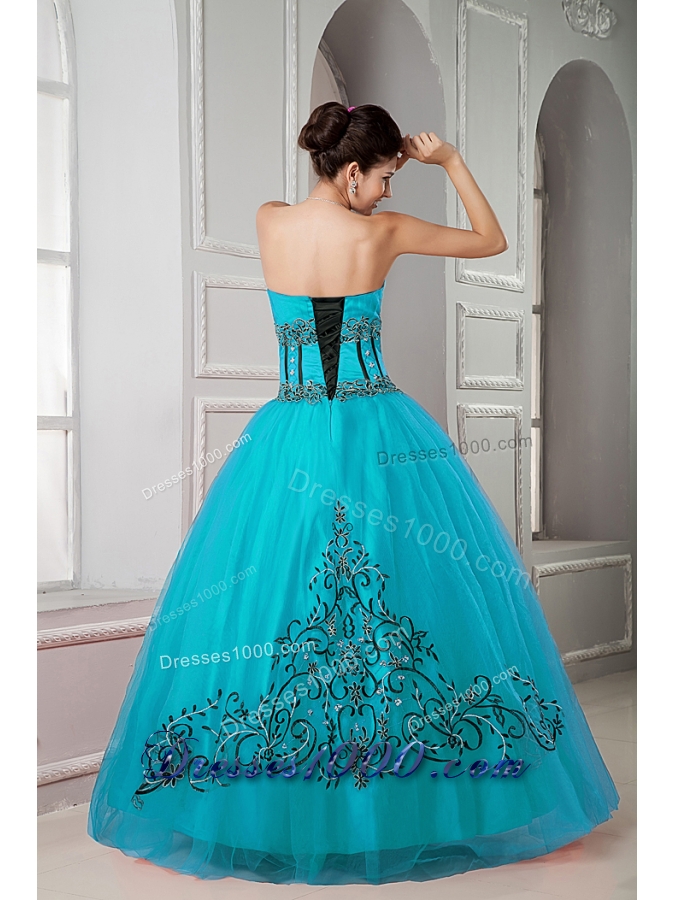 Teal Ball Gown Sweetheart Floor-length Tulle Beading Quinceanera Dresss