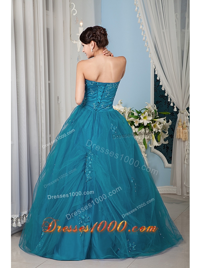 Teal Princess Strapless Floor-length Tulle Beading Quinceanera Dress