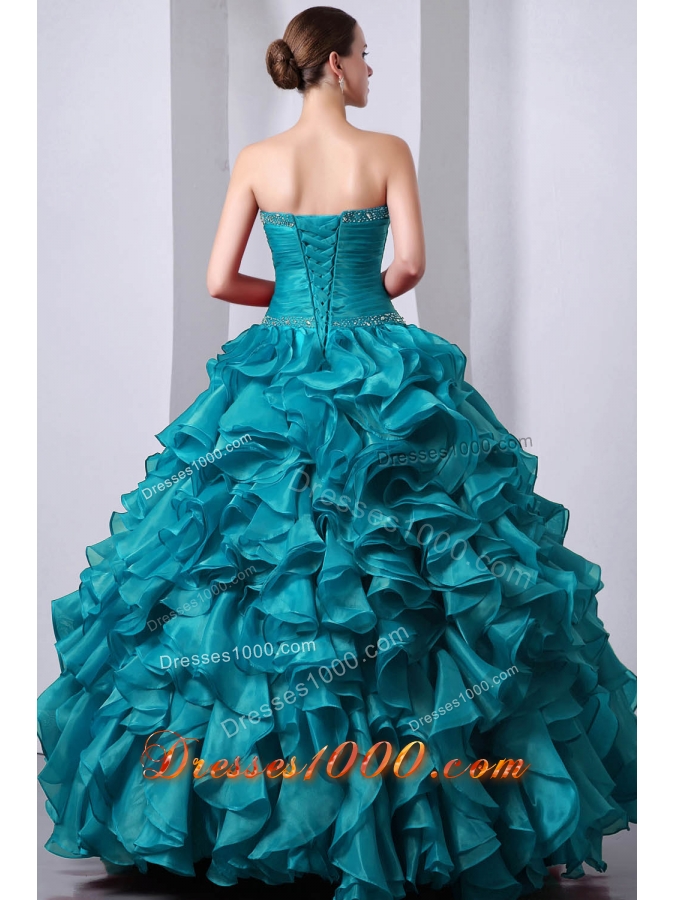 Teal Princess Sweetheart Floor-length Organza Beading and Rufffles Quinceanea Dress