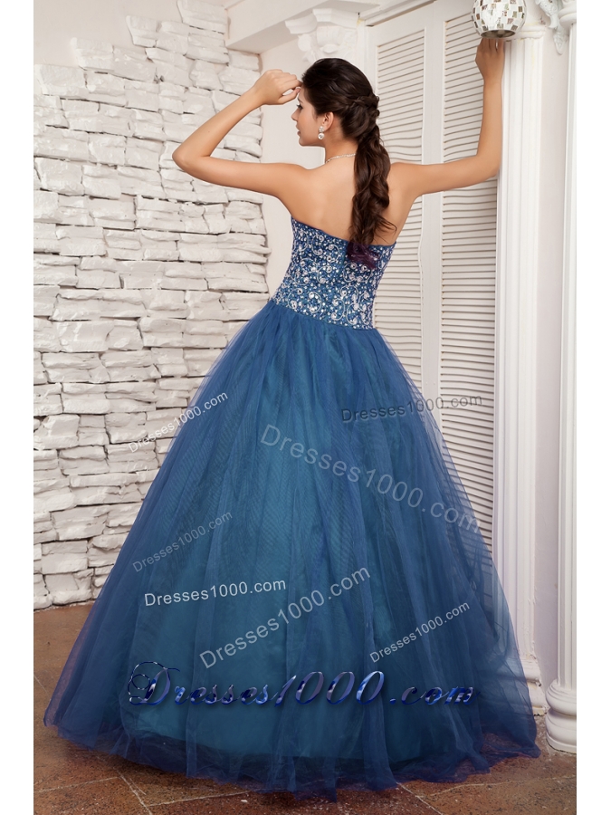 Turquoise A-line Sweetheart Floor-length Tulle Beading Prom / Evening Dress