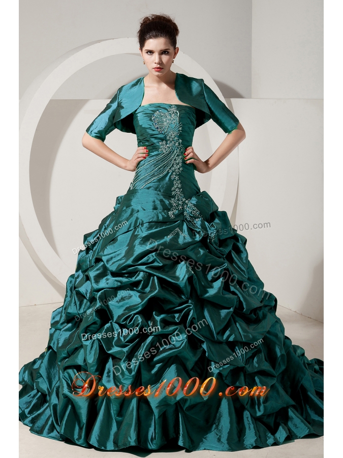 Turquoise Princess Strapless Brush Tain Taffeta Quinceanera Gowns with Beading
