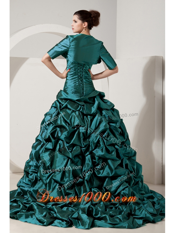 Turquoise Princess Strapless Brush Tain Taffeta Quinceanera Gowns with Beading