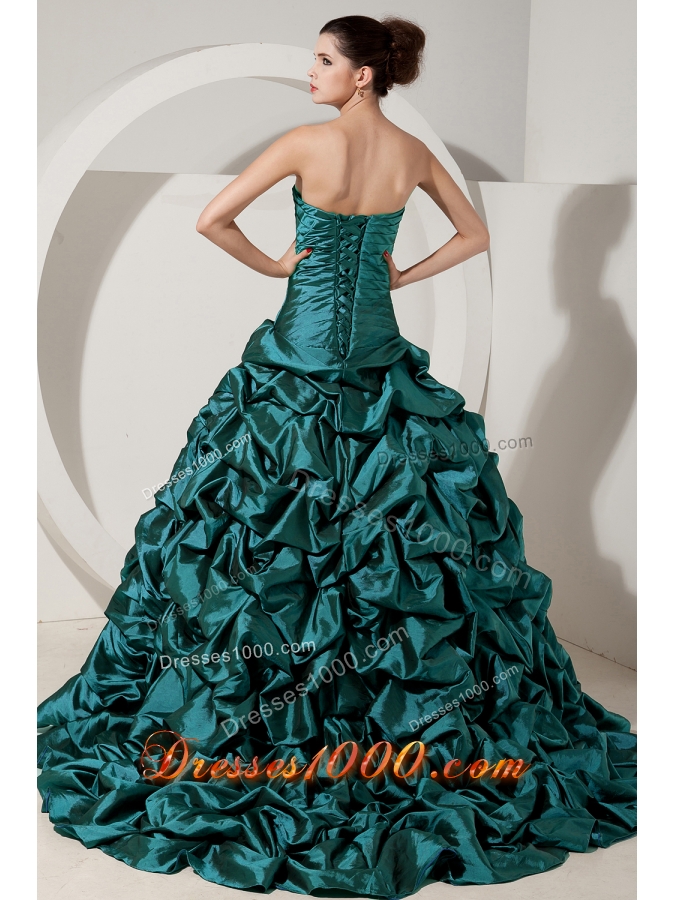 Turquoise Princess Strapless Brush Tain Taffeta Quinceanera Gowns with Beading