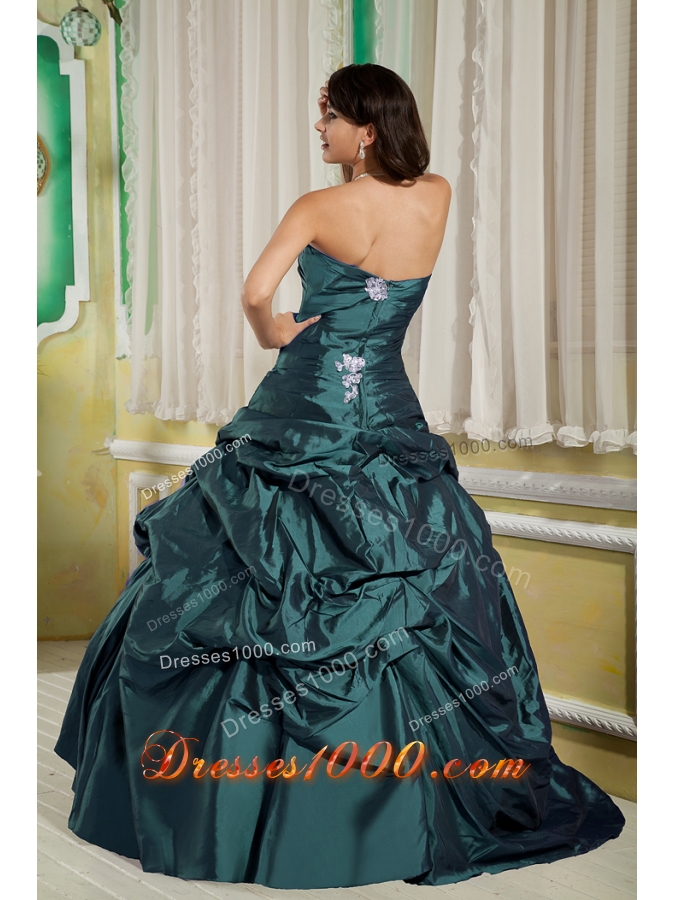 Turquoise Princess Strapless Taffeta Appliques Quinceanera Dresses