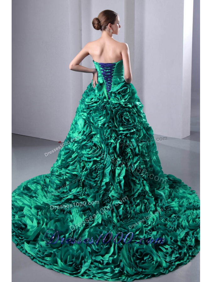 Turquoise Princess Sweetheart Brush Train Hand Made Flowers Quincenera Dresses