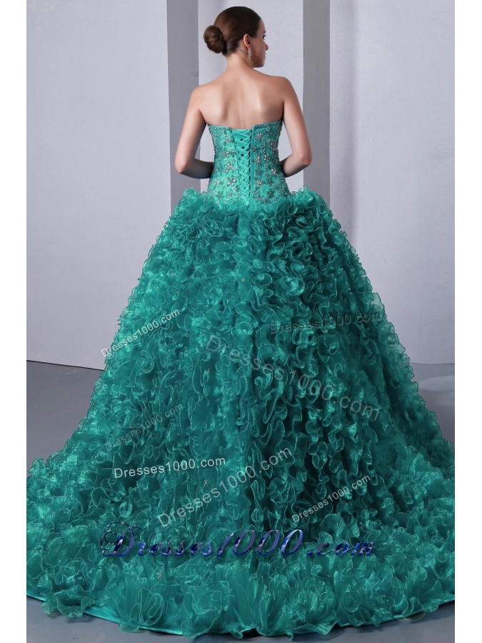 Turquoise Princess Sweetheart Brush Train Quinceanea Dresses with Beading and Ruffles