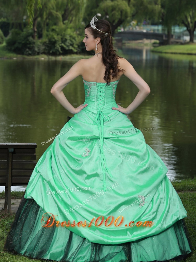Turquoise Quinceanera Dress with Flowers and Pick-ups Custom Made