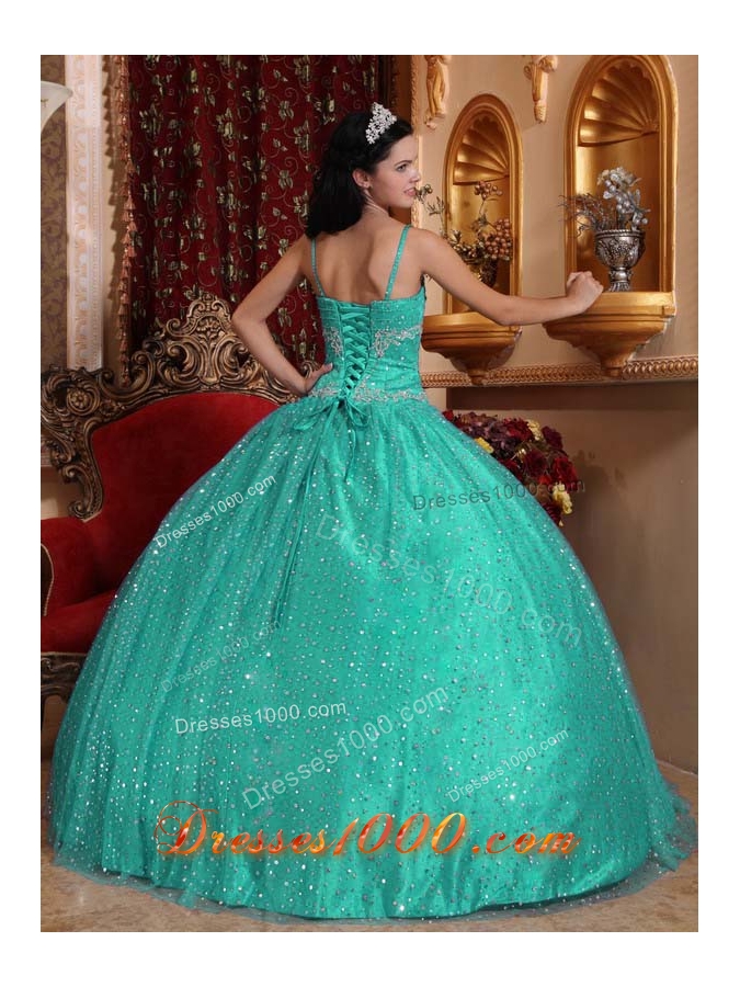 Turquoise Spaghetti Straps Sequined Beading Quinceanera Dresses