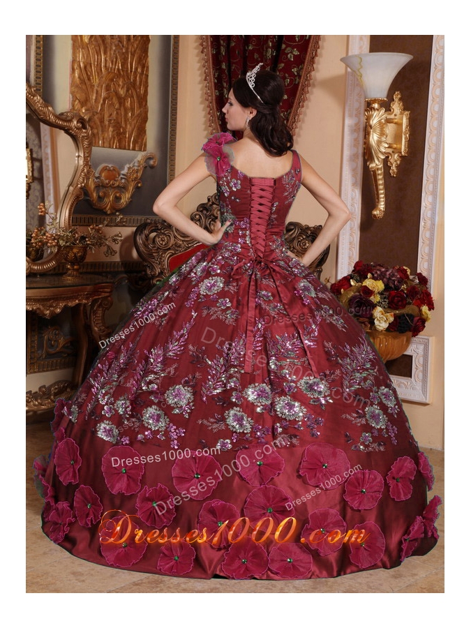 Ball Gown V-neck Beading and Appliques for Burgundy Sweet 16 Dresses