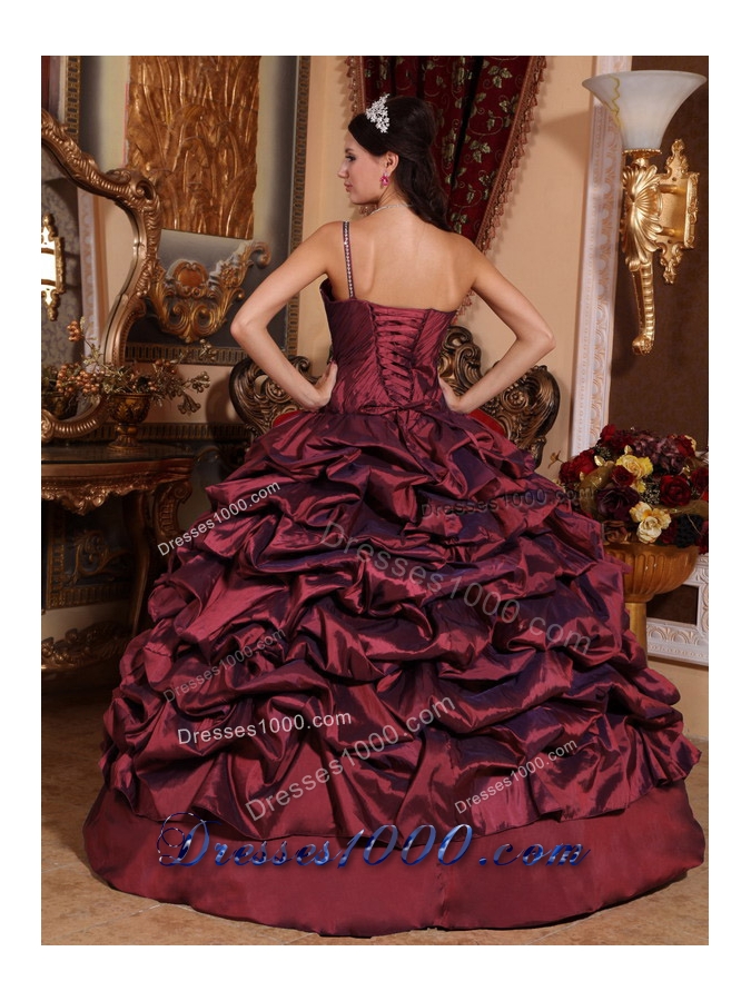Burgundy One Shoulder Sweet 15 Dresses with Pick-ups and Beading