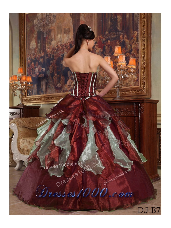 Burgundy Sweetheart Organza Quinceneara Dresses with Beading