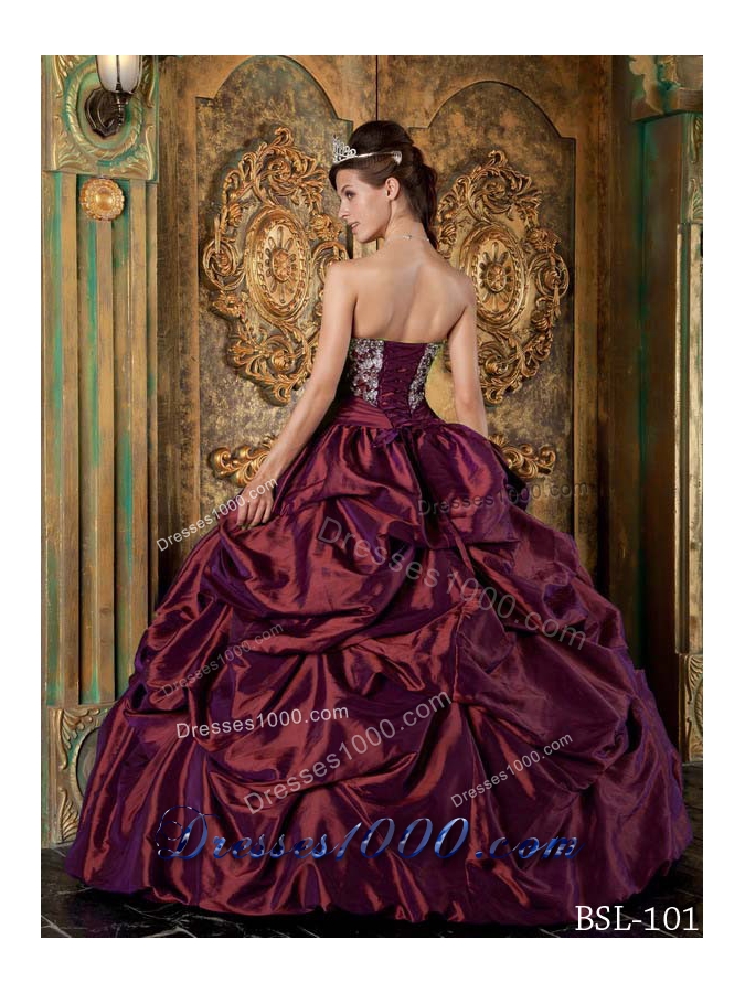Burgundy Taffeta Strapless Quinceanera Gown Dress with Embroidery