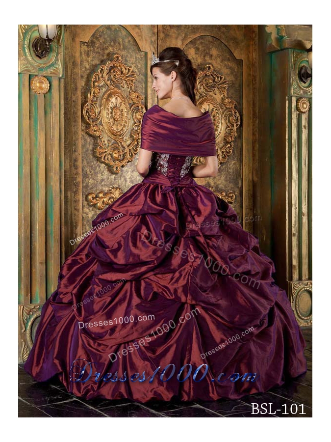 Burgundy Taffeta Strapless Quinceanera Gown Dress with Embroidery