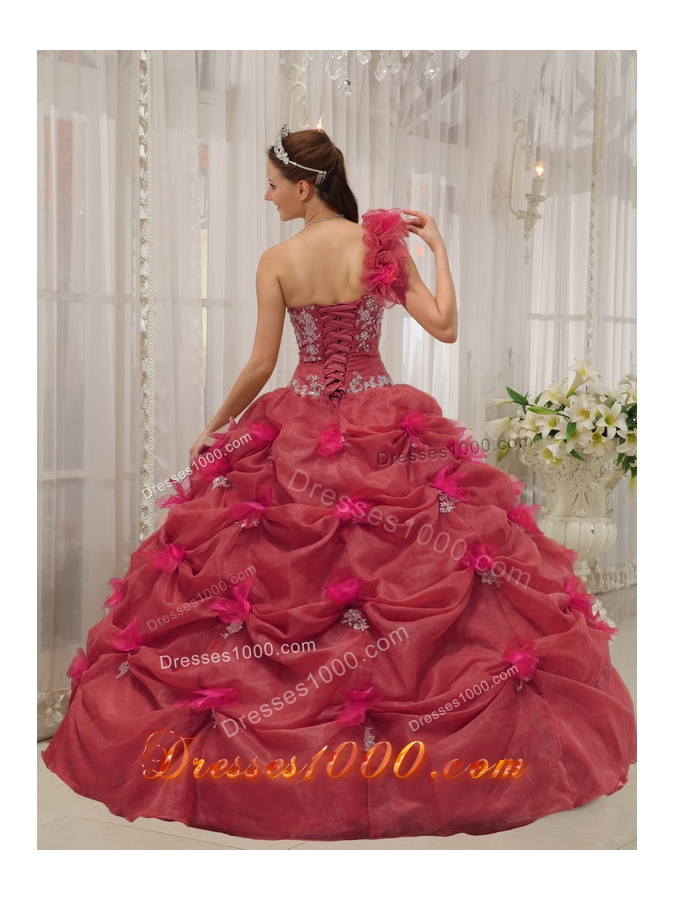 Petty Red Puffy One-shoulder Appliques for 2014 Quinceanera Dress with