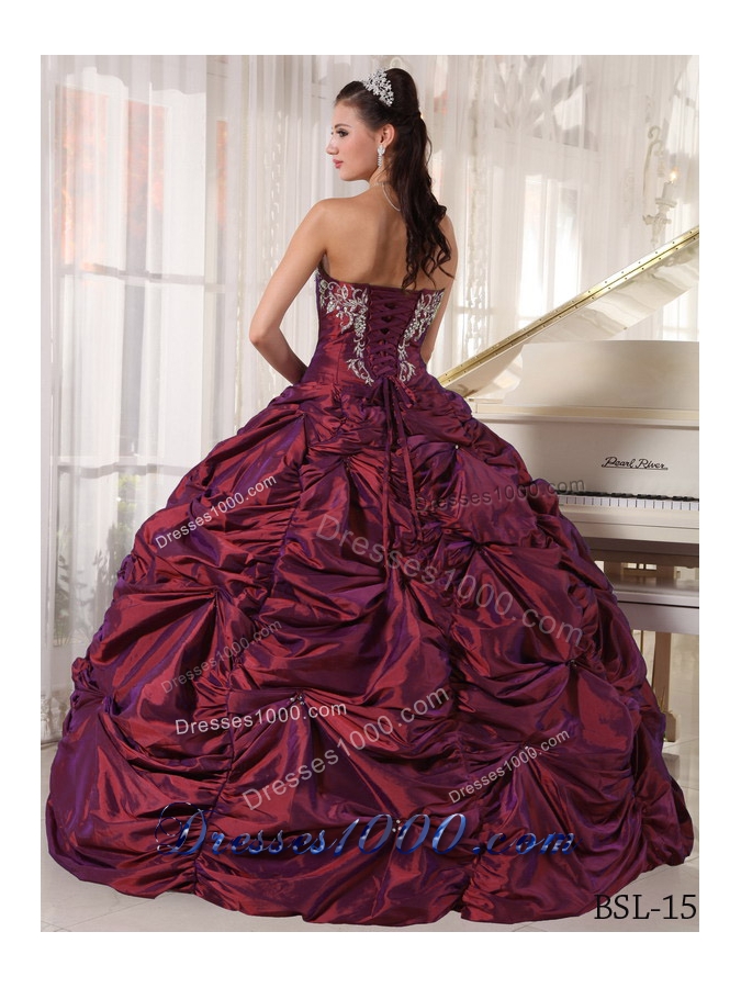 Puffy Strapless Burgundy Quinceanera Dresses with Embroidery and Pick-ups