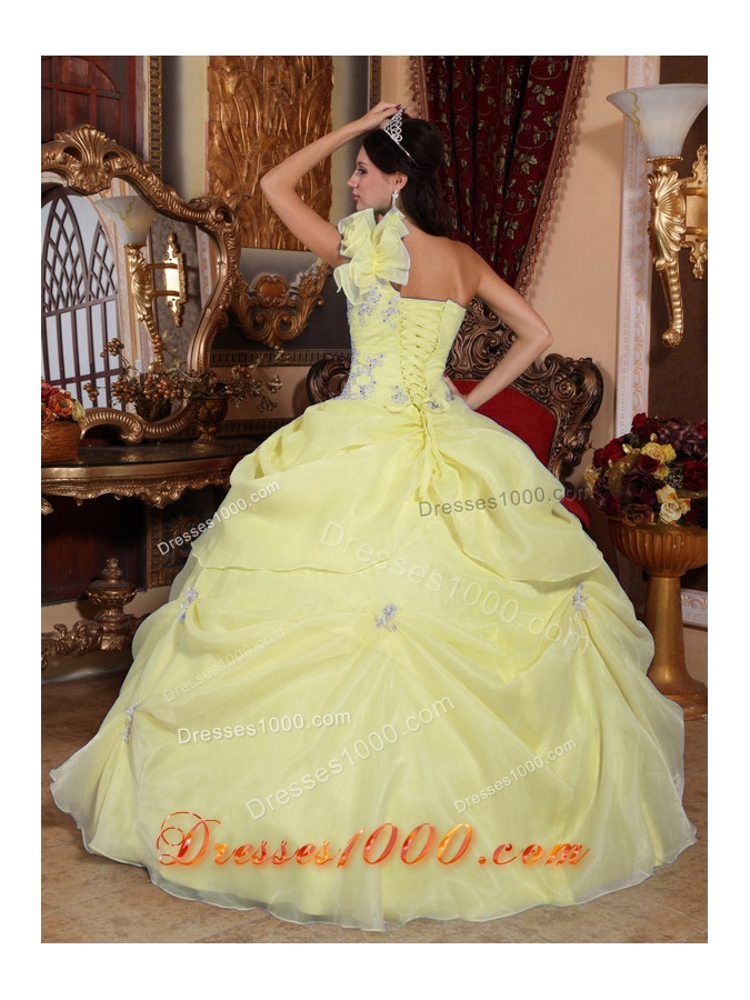 Light Yellow One Shoulder Organza Quinceanera Dresses with Appliques and Pick-ups