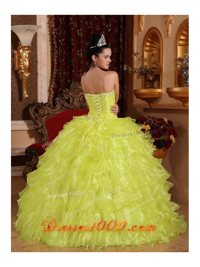 Strapless Organza Yellow Quinceneara Dresses with Beading and Ruffles