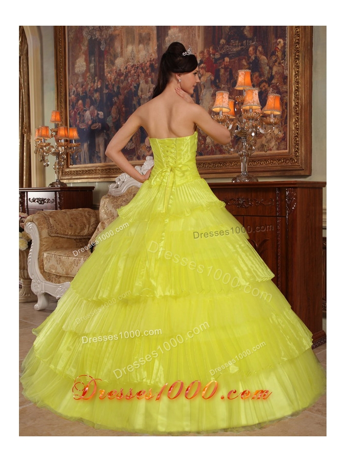 Strapless Organza Yellow Sweet 15 Dresses with Layers and Appliques