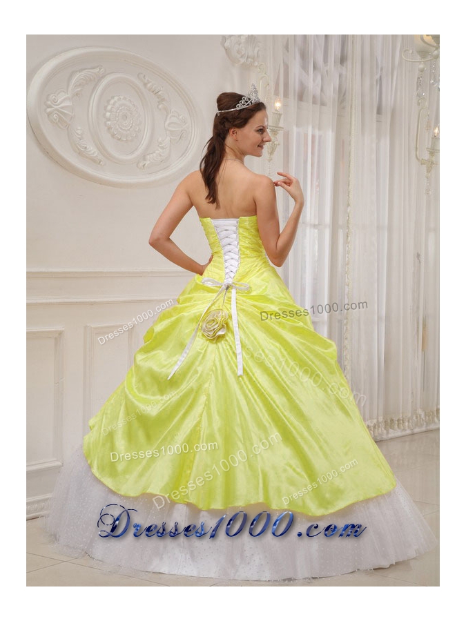 Yellow Strapless Quinceaneras Dress with Beading and Flowers